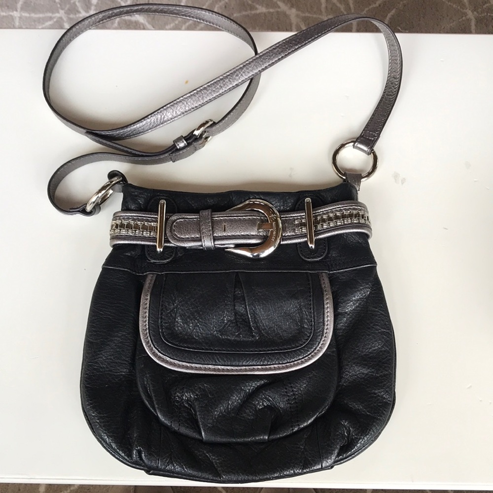 B Makowsky cross body black leather bag.